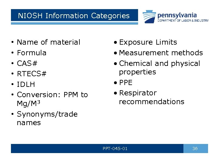 NIOSH Information Categories Name of material Formula CAS# RTECS# IDLH Conversion: PPM to Mg/M
