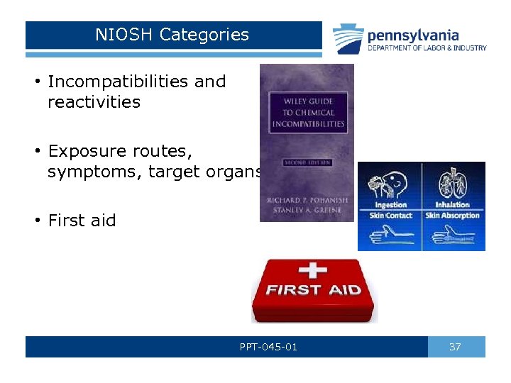 NIOSH Categories • Incompatibilities and reactivities • Exposure routes, symptoms, target organs • First