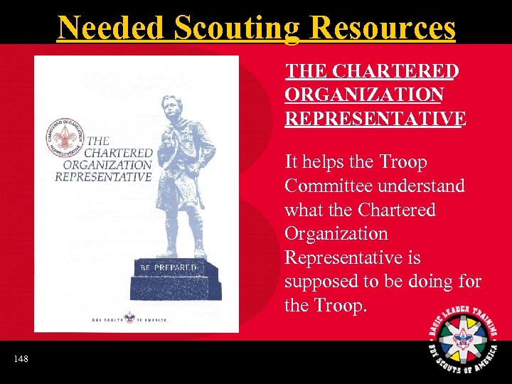 Needed Scouting Resources THE CHARTERED ORGANIZATION REPRESENTATIVE It helps the Troop Committee understand what