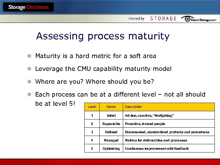Assessing process maturity l Maturity is a hard metric for a soft area l