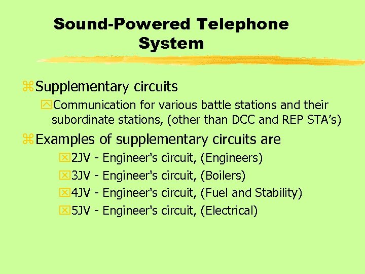 Sound-Powered Telephone System z Supplementary circuits y. Communication for various battle stations and their