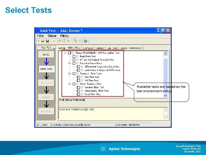 Select Tests Available tests are based on the test environment setup. Group/Presentation Title Agilent