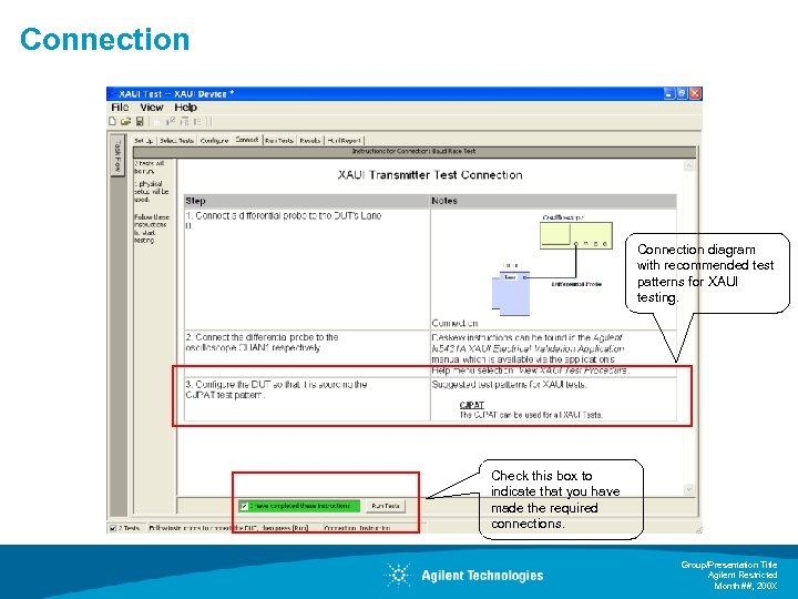 Connection diagram with recommended test patterns for XAUI testing. Check this box to indicate