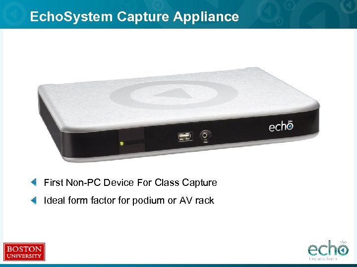 Echo. System Capture Appliance • First Non-PC Device For Class Capture • Ideal form