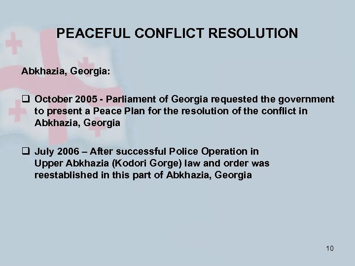 PEACEFUL CONFLICT RESOLUTION Abkhazia, Georgia: q October 2005 - Parliament of Georgia requested the