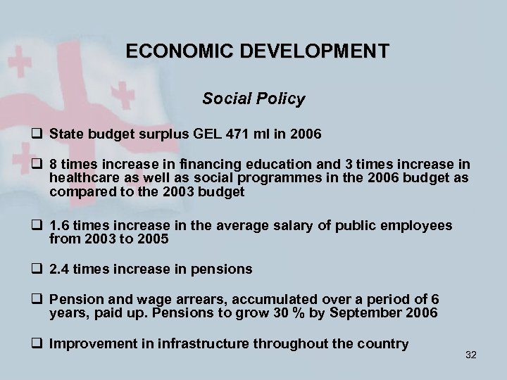 ECONOMIC DEVELOPMENT Social Policy q State budget surplus GEL 471 ml in 2006 q