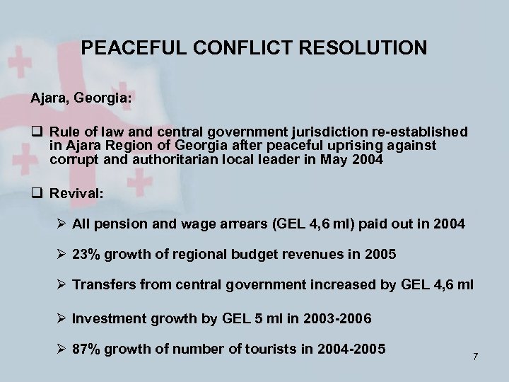 PEACEFUL CONFLICT RESOLUTION Ajara, Georgia: q Rule of law and central government jurisdiction re-established