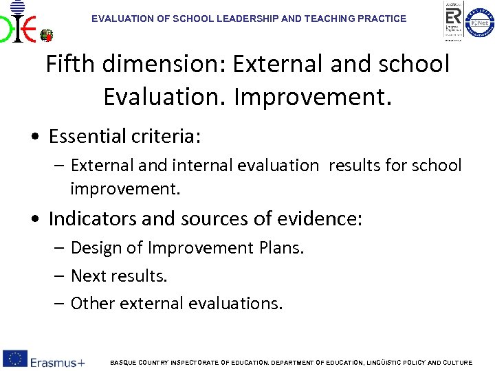EVALUATION OF SCHOOL LEADERSHIP AND TEACHING PRACTICE Fifth dimension: External and school Evaluation. Improvement.