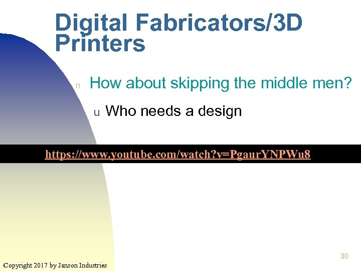 Digital Fabricators/3 D Printers n How about skipping the middle men? u Who needs