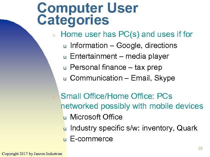 Computer User Categories n Home user has PC(s) and uses if for u u