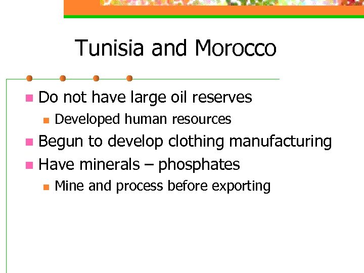 Tunisia and Morocco n Do not have large oil reserves n Developed human resources