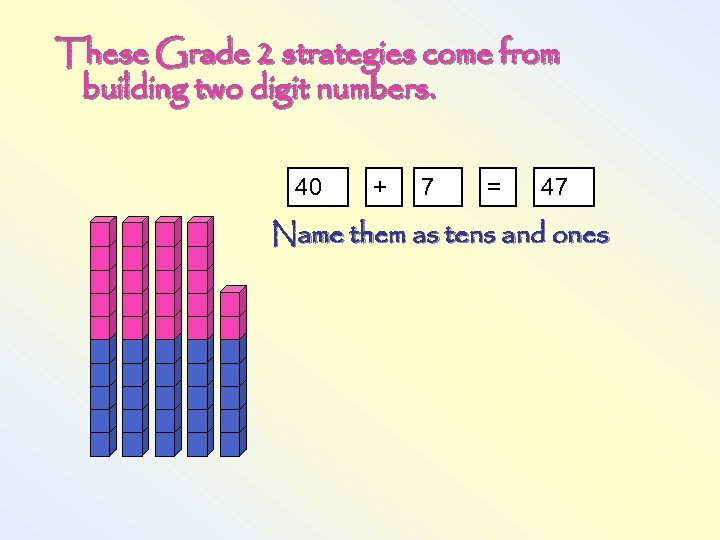 These Grade 2 strategies come from building two digit numbers. 40 + 7 =