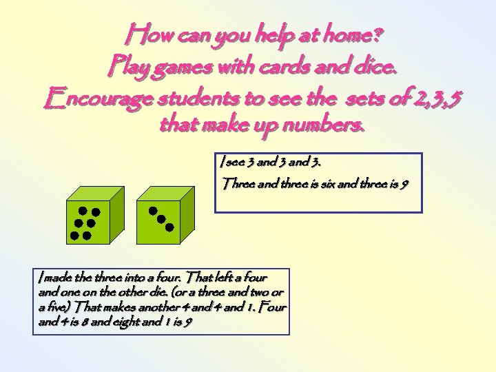 How can you help at home? Play games with cards and dice. Encourage students