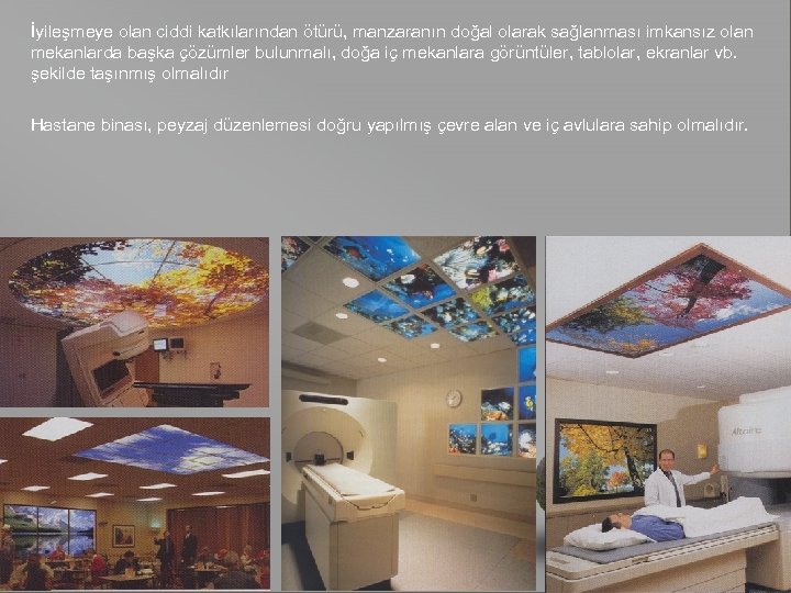 İyileşmeye olan ciddi katkılarından ötürü, manzaranın doğal olarak sağlanması imkansız olan mekanlarda başka çözümler