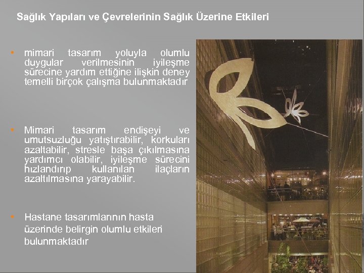 Sağlık Yapıları ve Çevrelerinin Sağlık Üzerine Etkileri • mimari tasarım yoluyla olumlu duygular verilmesinin