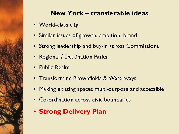 New York – transferable ideas • World-class city • Similar issues of growth, ambition,