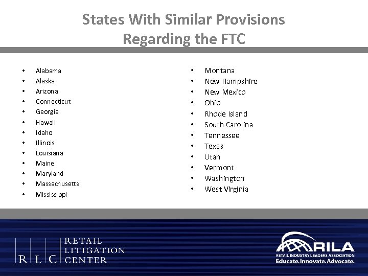 States With Similar Provisions Regarding the FTC • • • • Alabama Alaska Arizona