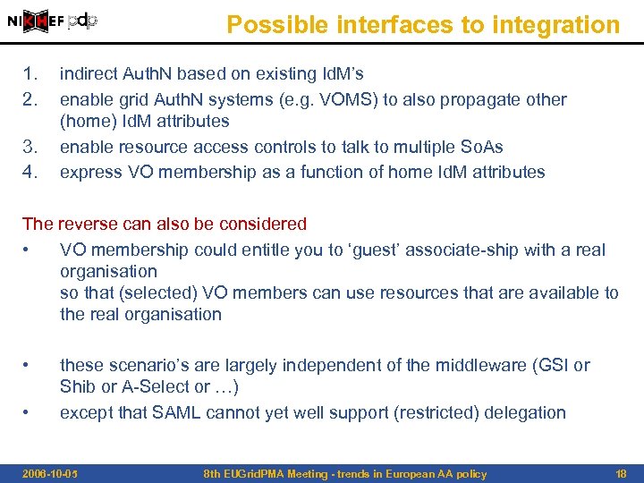 Possible interfaces to integration 1. 2. 3. 4. indirect Auth. N based on existing