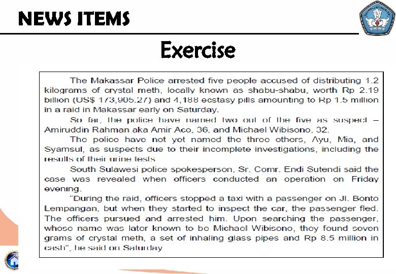 NEWS ITEMS Exercise 