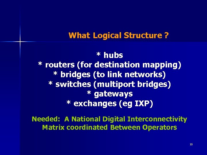 What Logical Structure ? * hubs * routers (for destination mapping) * bridges (to