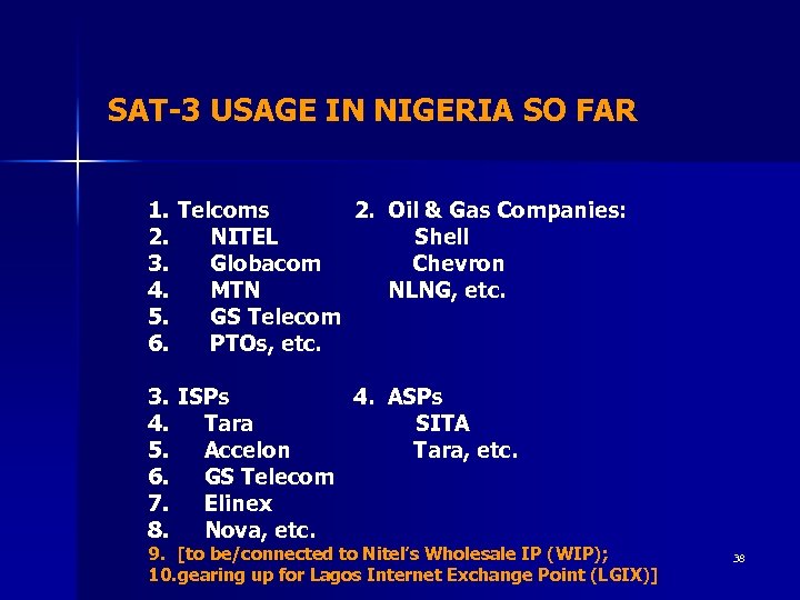 SAT-3 USAGE IN NIGERIA SO FAR 1. Telcoms 2. Oil & Gas Companies: 2.