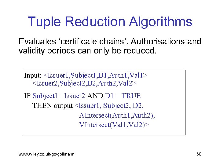 Tuple Reduction Algorithms Evaluates ‘certificate chains’. Authorisations and validity periods can only be reduced.