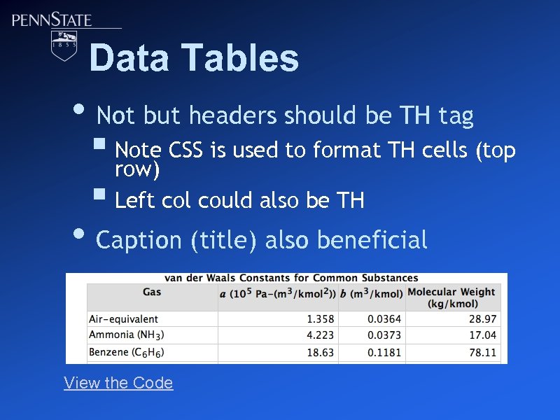 Data Tables • Not but headers should be TH tag § Note CSS is