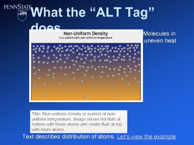 What the “ALT Tag” does Molecules in uneven heat Title: Non-uniform density in system