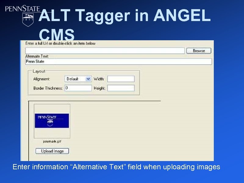 ALT Tagger in ANGEL CMS Enter information “Alternative Text” field when uploading images 