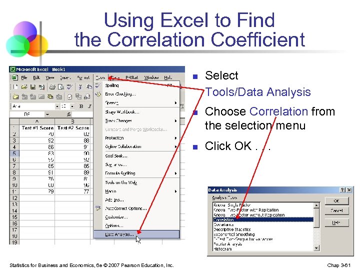 Using Excel to Find the Correlation Coefficient n n n Statistics for Business and