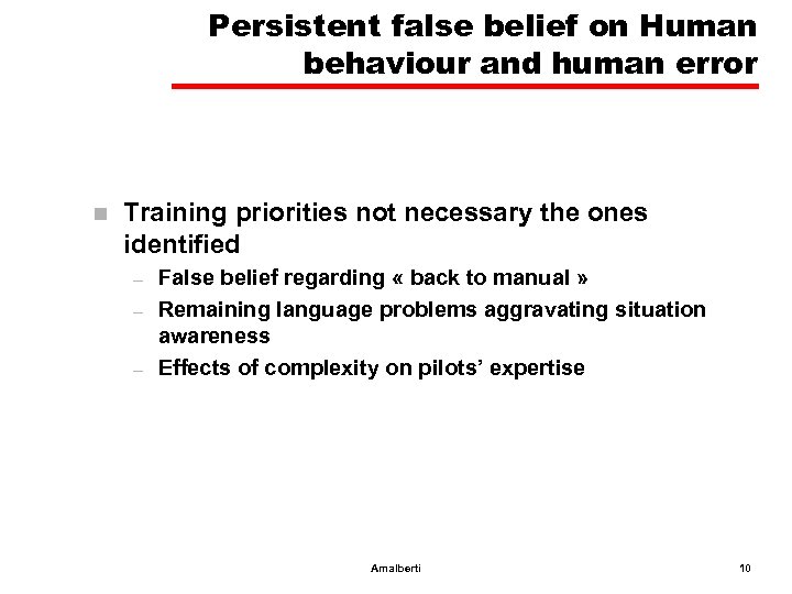 Persistent false belief on Human behaviour and human error n Training priorities not necessary