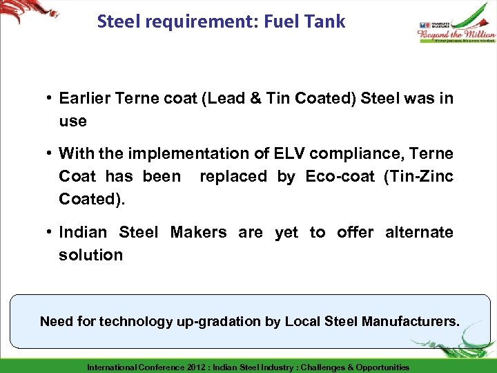 Steel requirement: Fuel Tank • Earlier Terne coat (Lead & Tin Coated) Steel was