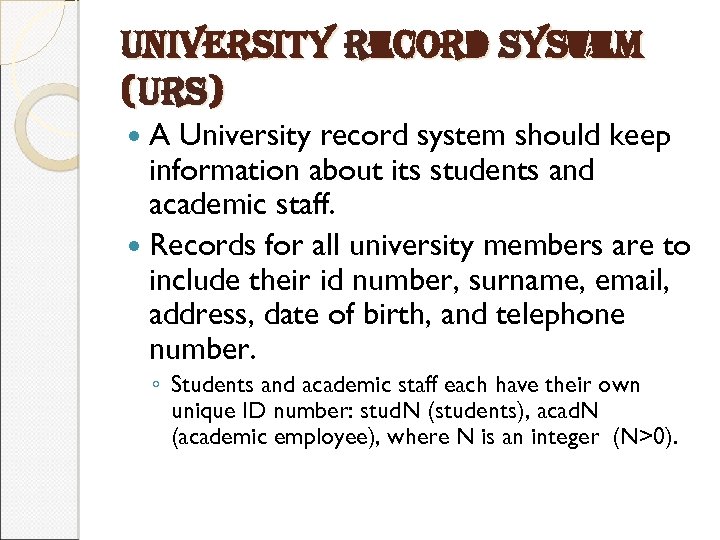 university record system (urs) A University record system should keep information about its students