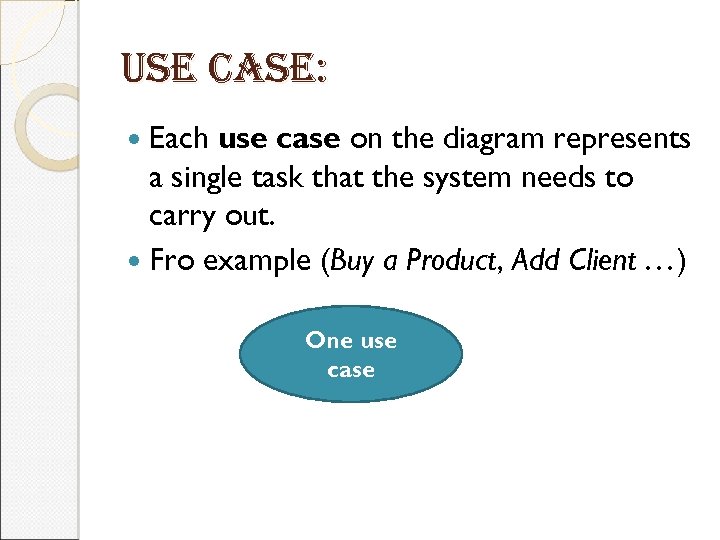 use case: Each use case on the diagram represents a single task that the