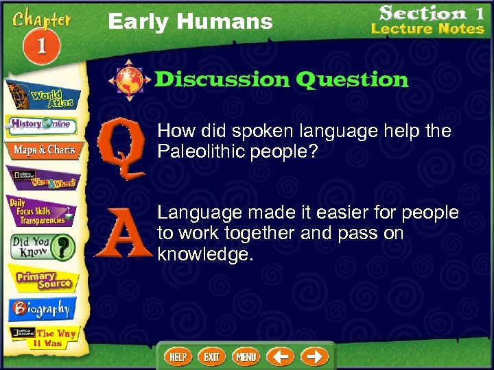 Early Humans How did spoken language help the Paleolithic people? Language made it easier