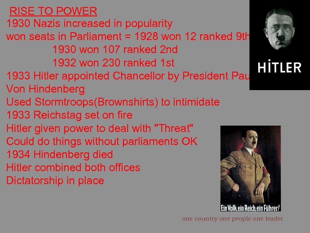 RISE TO POWER 1930 Nazis increased in popularity won seats in Parliament = 1928