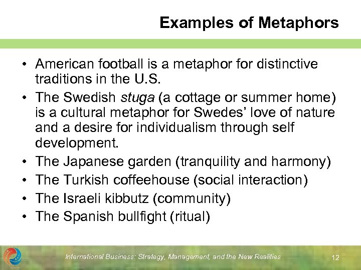 Examples of Metaphors • American football is a metaphor for distinctive traditions in the