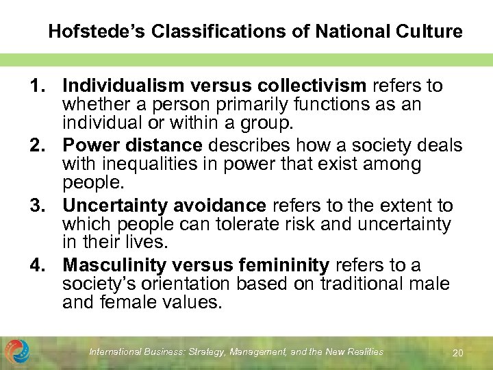 Hofstede’s Classifications of National Culture 1. Individualism versus collectivism refers to whether a person