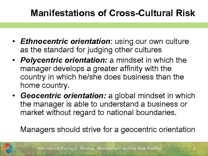 Manifestations of Cross-Cultural Risk • Ethnocentric orientation: using our own culture as the standard