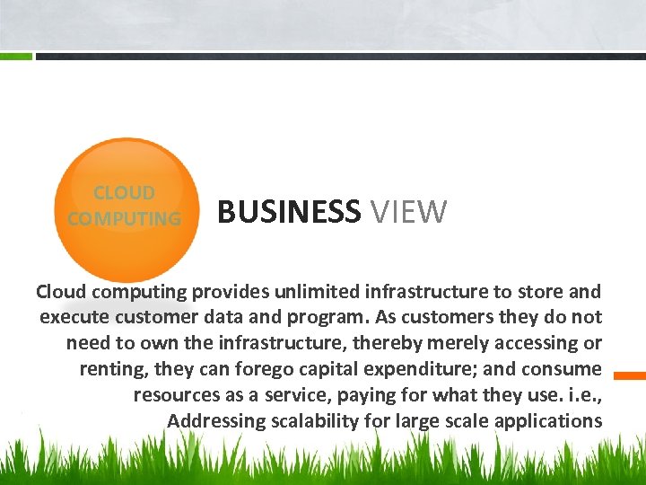 CLOUD COMPUTING BUSINESS VIEW Cloud computing provides unlimited infrastructure to store and execute customer