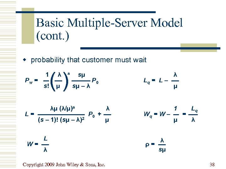 Basic Multiple-Server Model (cont. ) w probability that customer must wait 1 Pw =