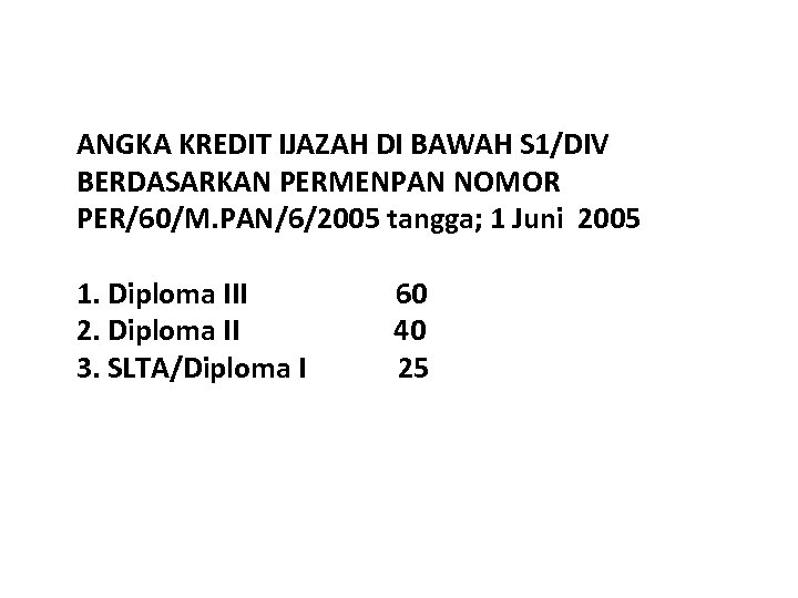 ANGKA KREDIT IJAZAH DI BAWAH S 1/DIV BERDASARKAN PERMENPAN NOMOR PER/60/M. PAN/6/2005 tangga; 1