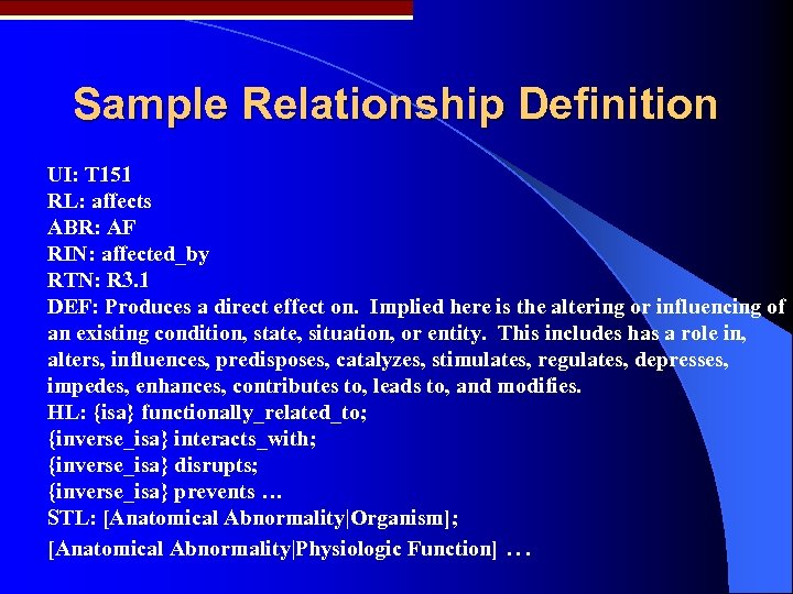 Sample Relationship Definition UI: T 151 RL: affects ABR: AF RIN: affected_by RTN: R