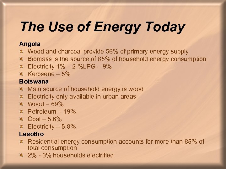 The Use of Energy Today Angola Wood and charcoal provide 56% of primary energy