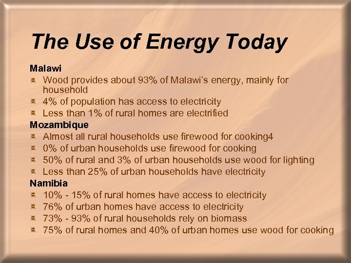 The Use of Energy Today Malawi Wood provides about 93% of Malawi’s energy, mainly