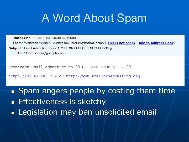 A Word About Spam n n n Spam angers people by costing them time