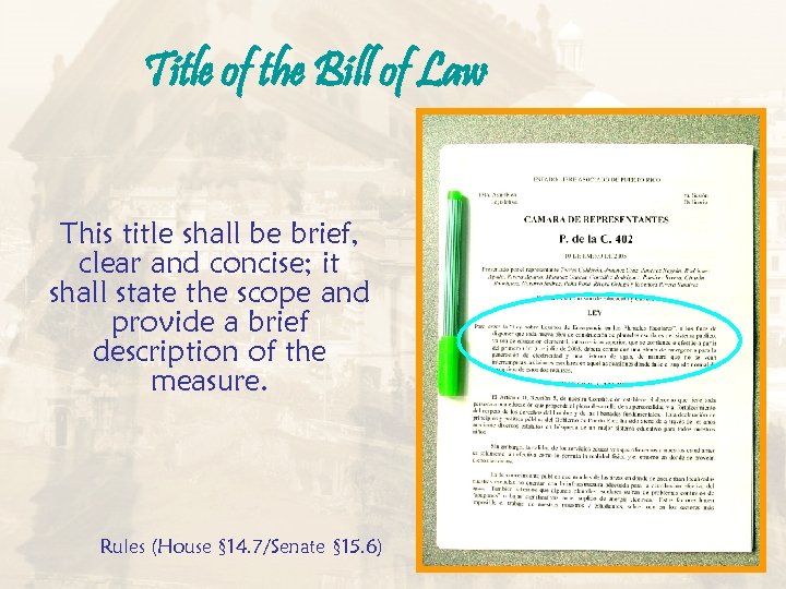 Title of the Bill of Law This title shall be brief, clear and concise;