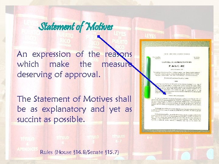 Statement of Motives An expression of the reasons which make the measure deserving of