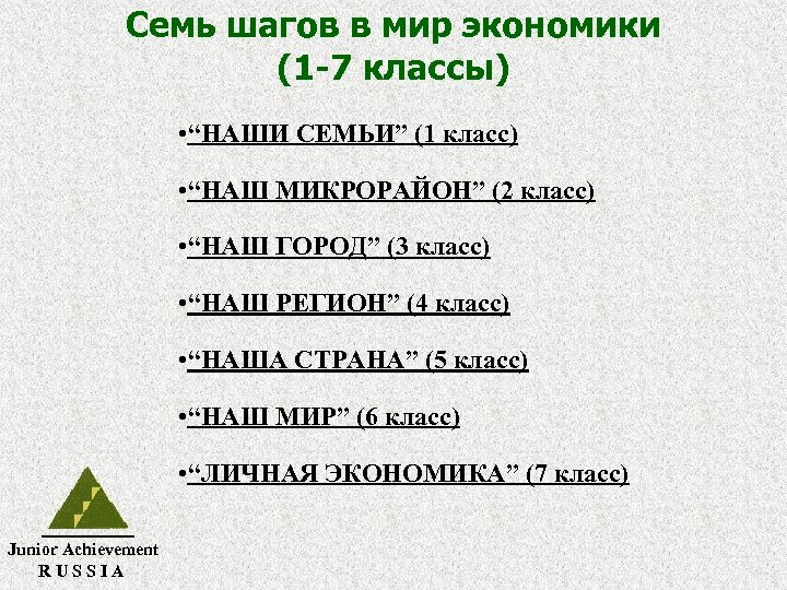 Семь шагов в мир экономики (1 -7 классы) • “НАШИ СЕМЬИ” (1 класс) •