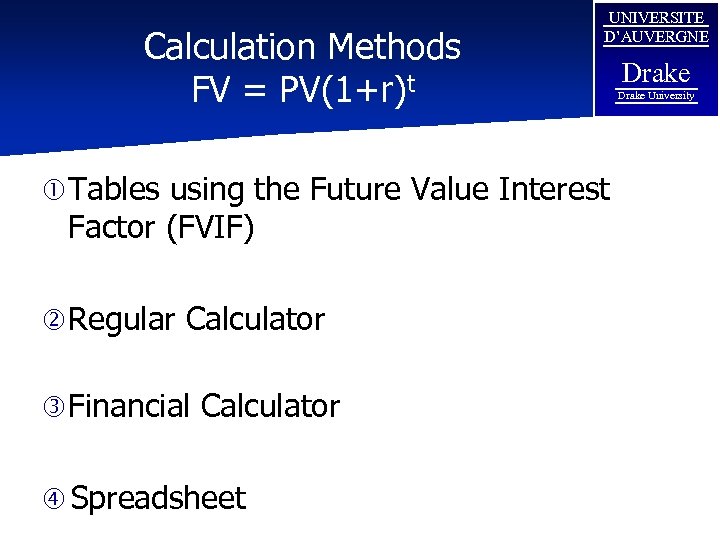 Calculation Methods FV = PV(1+r)t UNIVERSITE D’AUVERGNE Tables using the Future Value Interest Factor